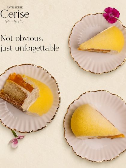 Not obvious, just unforgettable. Slices of a yellow fruit entremet, showing the beautiful layers and textures within.