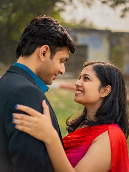 A close-up shot capturing the loving gaze and happy smiles of a couple during their pre-wedding shoot in Agra.