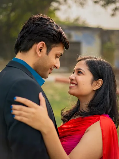 A close-up shot capturing the loving gaze and happy smiles of a couple during their pre-wedding shoot in Agra.