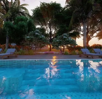 A sunset render of the Alibag pool area. We create visualizations for different times of day to show how light will interact with the landscape.