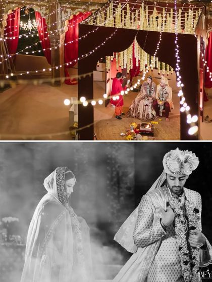 A collage of the wedding ceremony, showing the couple at the mandap and a moody, atmospheric shot of them during the pheras.