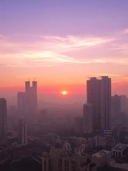 The sun, appearing as a small, intense orb, sets behind a hazy Mumbai skyline, resembling the Death Star from Star Wars.