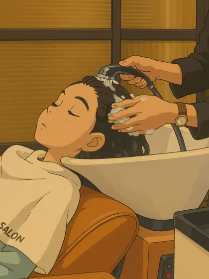 This Ghibli-inspired art of a client relaxing during a hair wash perfectly captures the serene and peaceful part of the salon experience.