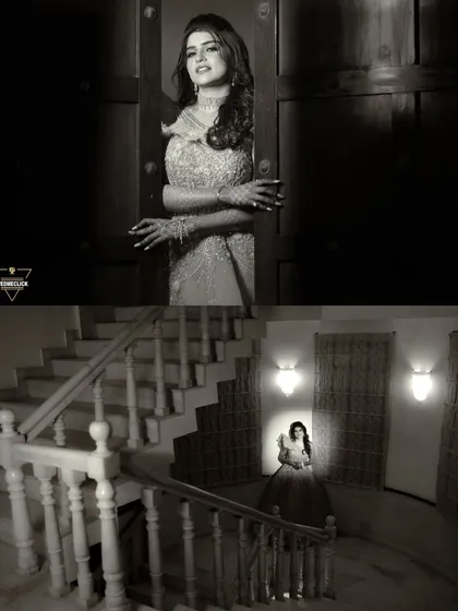 A dramatic black and white collage of the bride's portraits, using shadows and light to create a moody and artistic feel.