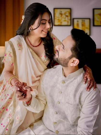 A beautiful couple shot from Simren's engagement. Her soft and radiant makeup looks perfect next to her partner, capturing a moment of pure love.