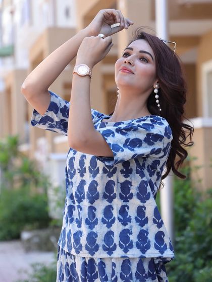 A candid shot showcasing the blue and white paisley top. All my co-ord sets are available in sizes 38 to 46.