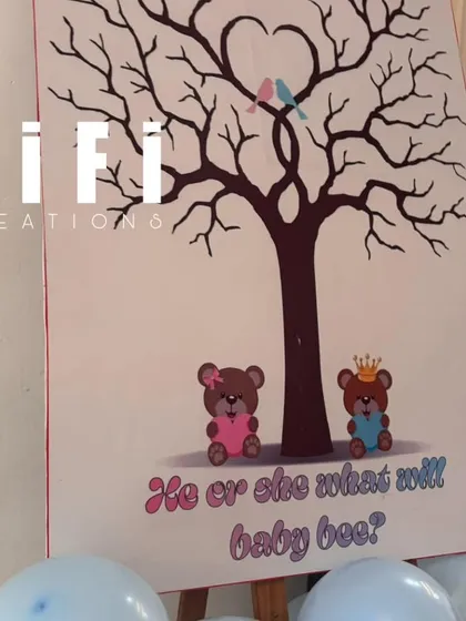 A cute "He or She, what will baby be?" welcome sign for a gender reveal or baby shower party.