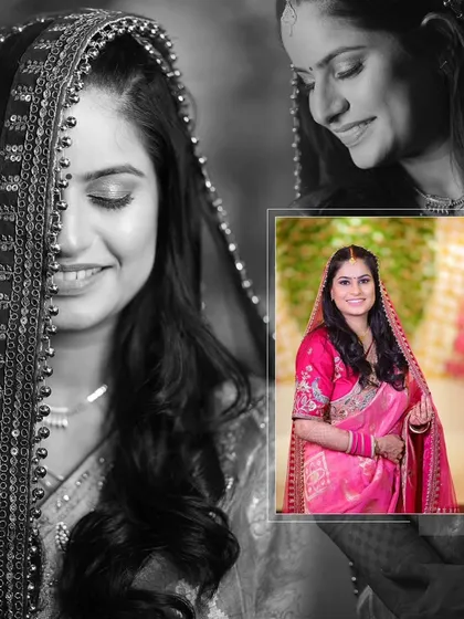 A collage blending black and white portraits of a bride with a color photo from a pre-wedding event.