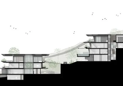 This detailed section of the Dona Paula homes shows the internal arrangement of floors, the carved courtyards for light, and the cantilevered pool. It is a key drawing for understanding the project's complex, three-dimensional design.
