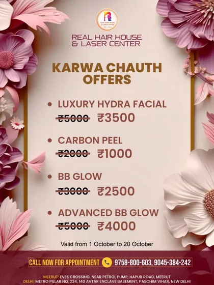 This Karwa Chauth, get the glowing skin you have always dreamed of. Take advantage of my special offers on Luxury Hydra Facial, Carbon Peel, and BB Glow treatments. This offer is valid from October 1 to October 20.