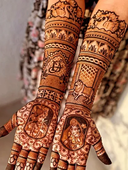 This unique design features portraits of deities on the palms, with a horse and the couple's initials on the arms. I can create any combination of figures and symbols that are meaningful to you.