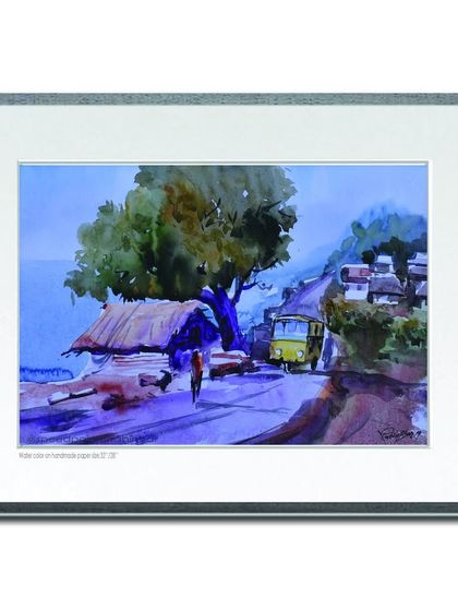 An untitled watercolor painting of a hillside village, with a yellow bus on the road, framed and ready to display.