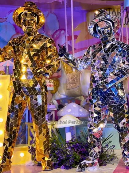 Meet the Mirror Men. Available in brilliant gold and silver, these performers are perfect for welcoming guests, energizing the dance floor, and creating amazing photo opportunities.