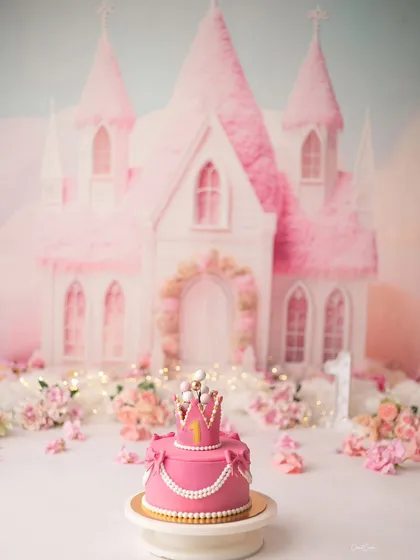 The perfect cake for a princess. I coordinate every detail, including the cake, to match your chosen theme, like this beautiful castle backdrop for a royal first birthday.