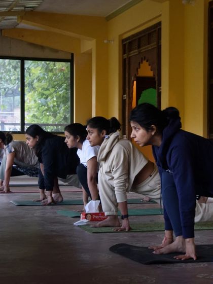 Participants holding a low lunge during a morning asana session. The focus and determination in this room were so inspiring, as everyone breathed and moved in unison.