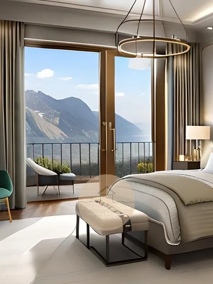 Another angle of the layered bedroom, showing the balcony with mountain views, seamlessly connecting the luxurious interior with the beauty of nature.