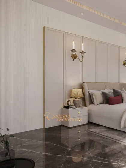 A detail shot showing the interplay of textures, from the fluted wall panels to the smooth marble floor and the soft bedding.