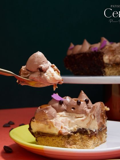 A spoonful of my Go Nuts For Hazelnuts entremet, showcasing the layers of hazelnut sponge, crunch, praline caramel, mascarpone mousse, and dark chocolate ganache.