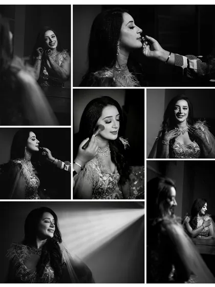 A black and white collage capturing the getting-ready process for the engagement party. From makeup application to final touches, these candid moments tell the story of the bride's transformation.