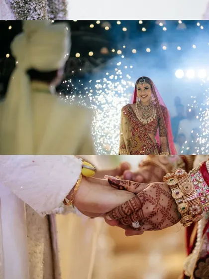 A collage showcasing the elements of a dream bridal entry. From the bride's radiant smile as she walks towards the groom to the close-up of their hands meeting, every detail is designed to be perfect.