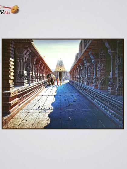 Another Hampi scene by Pravin Pasare, where the low sun creates long, dramatic shadows across the ancient stone pathway.