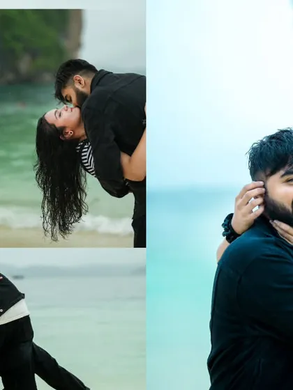 A collage of romantic moments on a picturesque beach, showing both playful dips and gentle embraces.