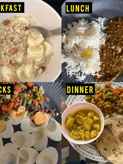 An example of a client's daily meals. Breakfast includes oats with banana, lunch is dal-rice, and dinner is a balanced plate of roti and chicken curry. Healthy eating can and should be delicious.