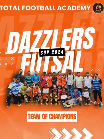 The full team of champions. Players from our U11, U13, and U15 teams together after a clean sweep at the Dazzlers Futsal Cup 2024.