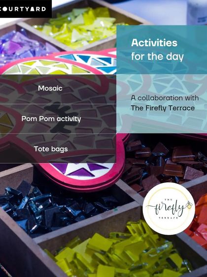 This graphic lists the fun activities available at our Father's Day collaboration, including mosaics, pom-pom crafts, and tote bags. I always ensure there's a fun project for every child.