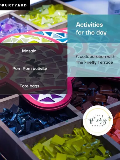 This graphic lists the fun activities available at our Father's Day collaboration, including mosaics, pom-pom crafts, and tote bags. I always ensure there's a fun project for every child.