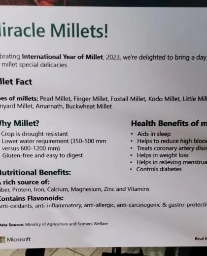 Education is a key part of my wellness events. This informational poster from the Microsoft Millet Festival explains the nutritional facts and health benefits of millets, providing practical knowledge that employees can use.