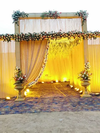 This angle shows the full scale of the entrance tent, including the placement of lighting equipment and speakers, which I also provide as part of my all-in-one event service.