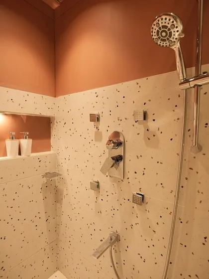 This bathroom shower area features modern terrazzo-style tiles paired with a warm terracotta-colored wall. The built-in niche with accent lighting provides a stylish spot for toiletries.