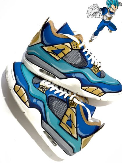 Here are the Vegeta-inspired Air Jordan 4s. I used different shades of blue and metallic gold to match his armor, all done in my signature sketchy, cartoony style. Perfect for any Saiyan prince.