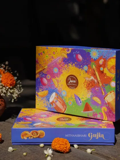 Our vibrant "Mithaasbhari Gujia" box designed specially for the festive season. The colourful packaging captures the joyful spirit of Diwali and Holi perfectly.