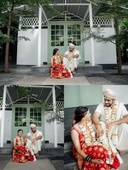 A collage showing a couple posing on the steps of one of our cottages. The photos capture their happy interactions and the charming details of the venue.