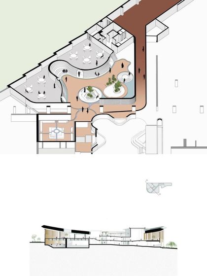 A section and plan of one of the school's common areas. The drawings illustrate the fluid movement between indoor and outdoor spaces, a key concept in this design for a modern educational campus.