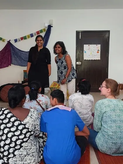 Sharing a laugh with the team and participants at Snehadhara. The atmosphere was so warm and welcoming.
