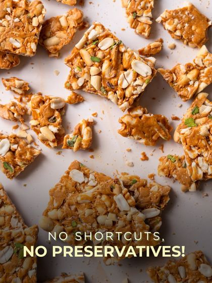 No shortcuts, no preservatives. This image of my broken Pista Peanut Chikki emphasizes my commitment to pure ingredients and traditional, slow-cooked methods.