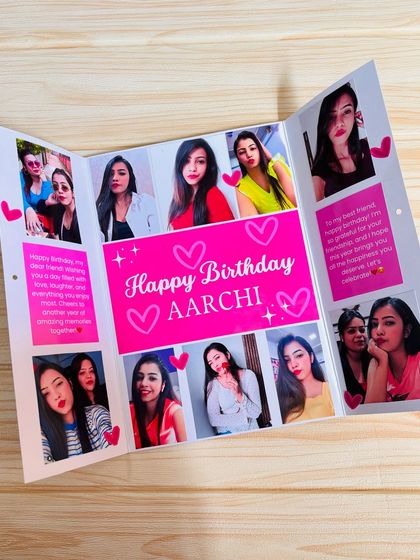 The inside of the hugs card, unfolded to show a personalized birthday message surrounded by 10 of your favorite photos.