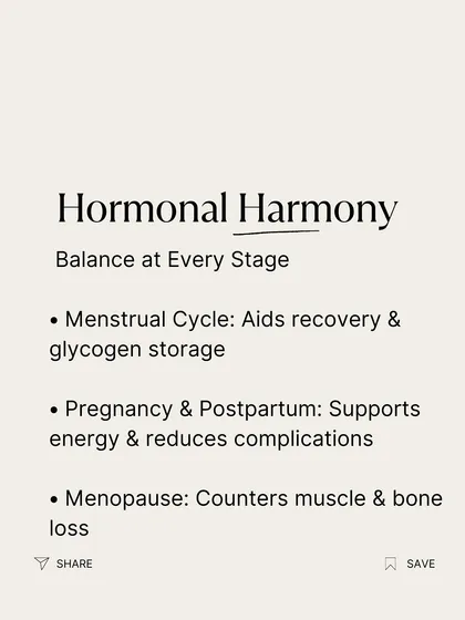 Creatine supports hormonal harmony at every stage of a woman's life. It can aid recovery during the menstrual cycle, support energy during pregnancy, and counter muscle and bone loss during menopause.