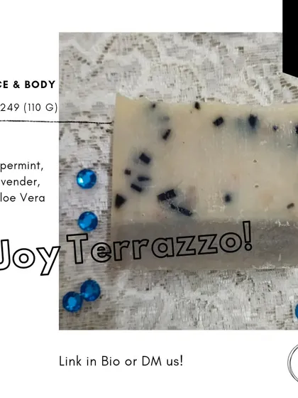 The Joy Terrazzo soap, another one of my waste-reducing terrazzo bars, scented with refreshing Peppermint and Lavender.