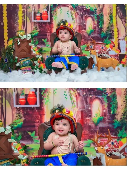 This collage shows two happy moments from the Little Krishna session. The baby's bright smiles light up the entire divine-themed set.