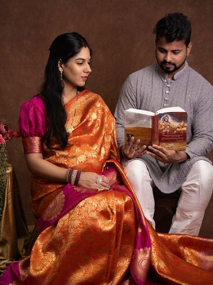 A truly special moment, connecting their spiritual beliefs with their journey into parenthood. Reading from the Bhagavad Gita adds a layer of profound meaning to their maternity photos.