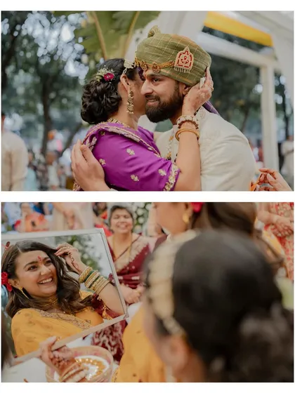 A collage capturing the beautiful, candid moments of a traditional wedding ceremony, from the bride's smile to the couple's interactions with family.