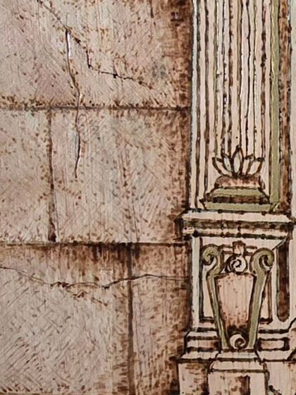 A close-up of the "Doorways to Dreams" pyrography piece, focusing on the texture of the stone wall and the elegant pillar.