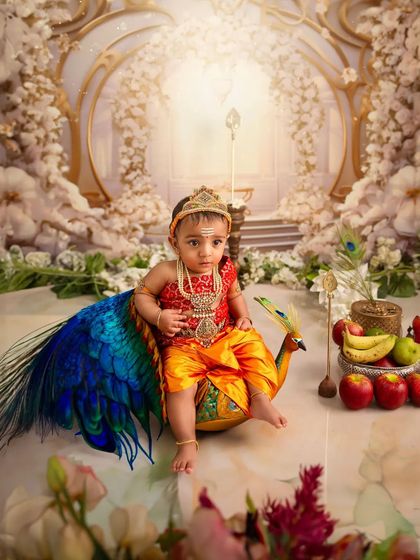 A divine portrait of little Lord Karthikeya. This elaborate themed shoot features a custom outfit, a peacock, and a grand, temple-like backdrop to create a truly special image.