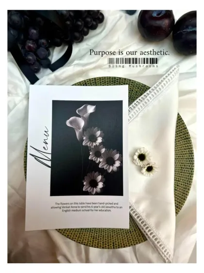 The custom menu for the dinner, which not only listed the food but also shared a story about the host's vision, making the decor purposeful.