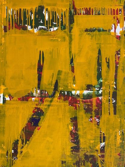 A radiant cascade of yellow dominates this canvas by Prabhakar Kolte. The vibrant hue contrasts beautifully with the rich layers of reds, greens, and blacks peeking through, creating a dynamic energy and a sense of movement.