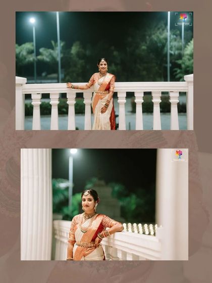 A diptych of the bride posing on a white balcony at night. These elegant portraits showcase her beautiful saree and the serene ambiance of the evening.